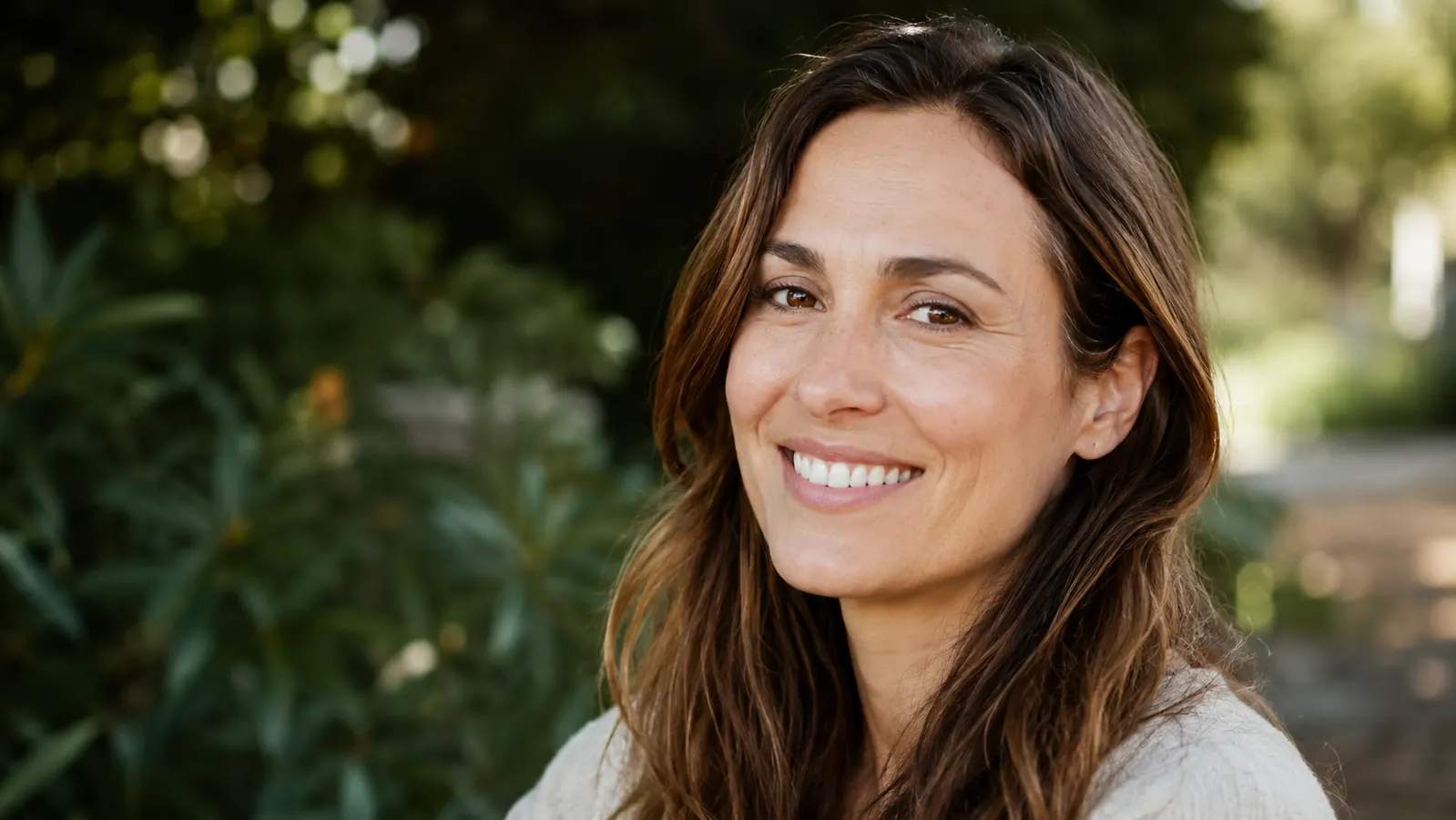 Woman smiling outdoors with visibly bright, rested-looking eyes and no visible puffiness