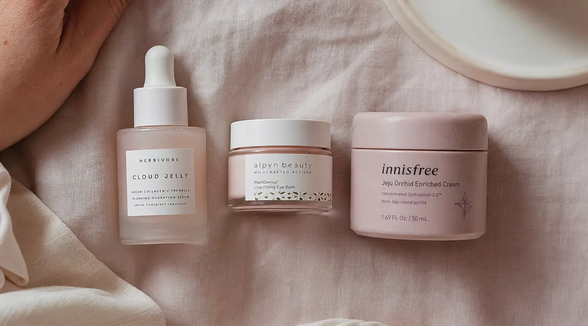 Overhead flat-lay of a minimal skincare routine with eye cream, serum, and moisturizer