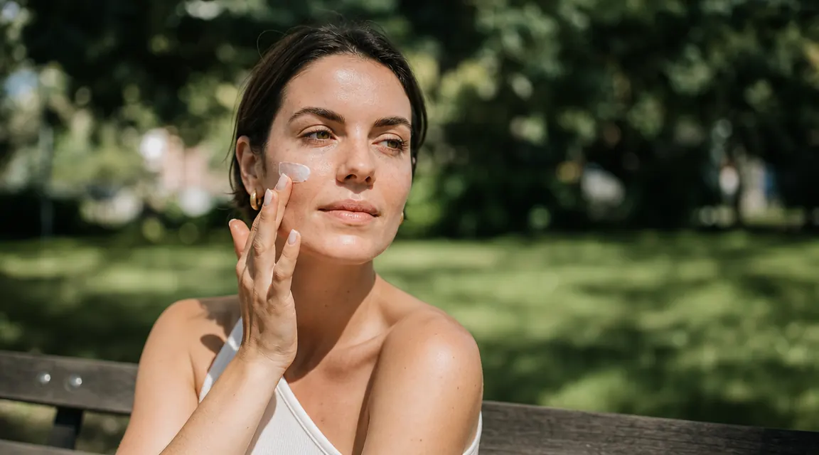 Woman applying sunscreen on a park bench on a bright day, relaxed outdoor setting
