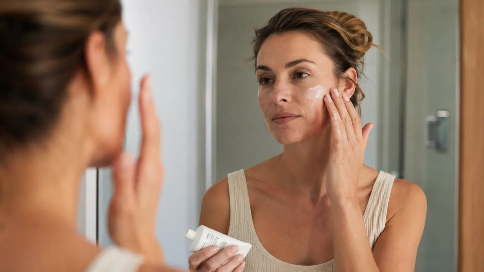 Woman applying sunscreen to her face in a bathroom mirror, looking calm and deliberate