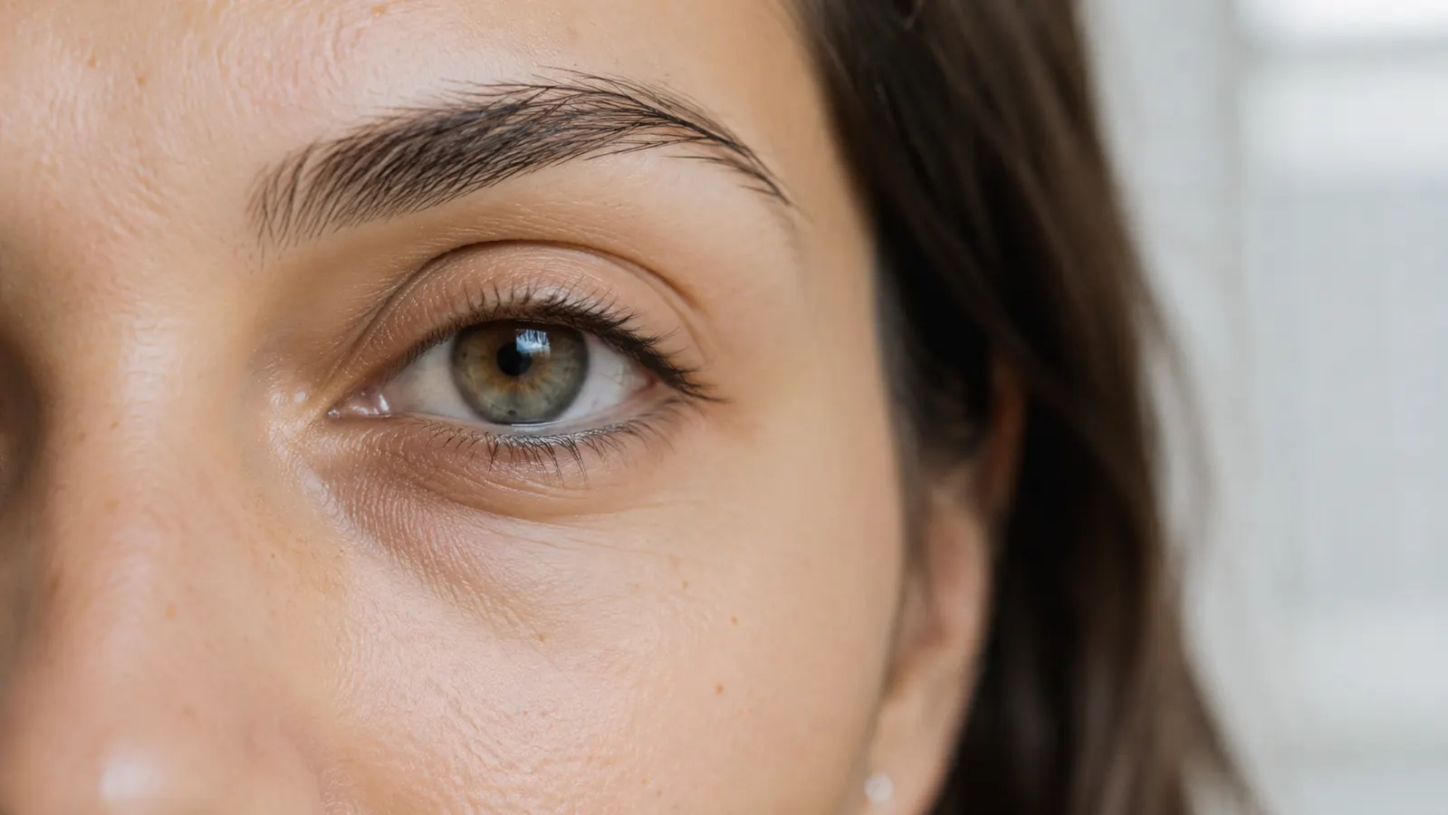 Close-up of under-eye area showing reduced puffiness, soft diffused light