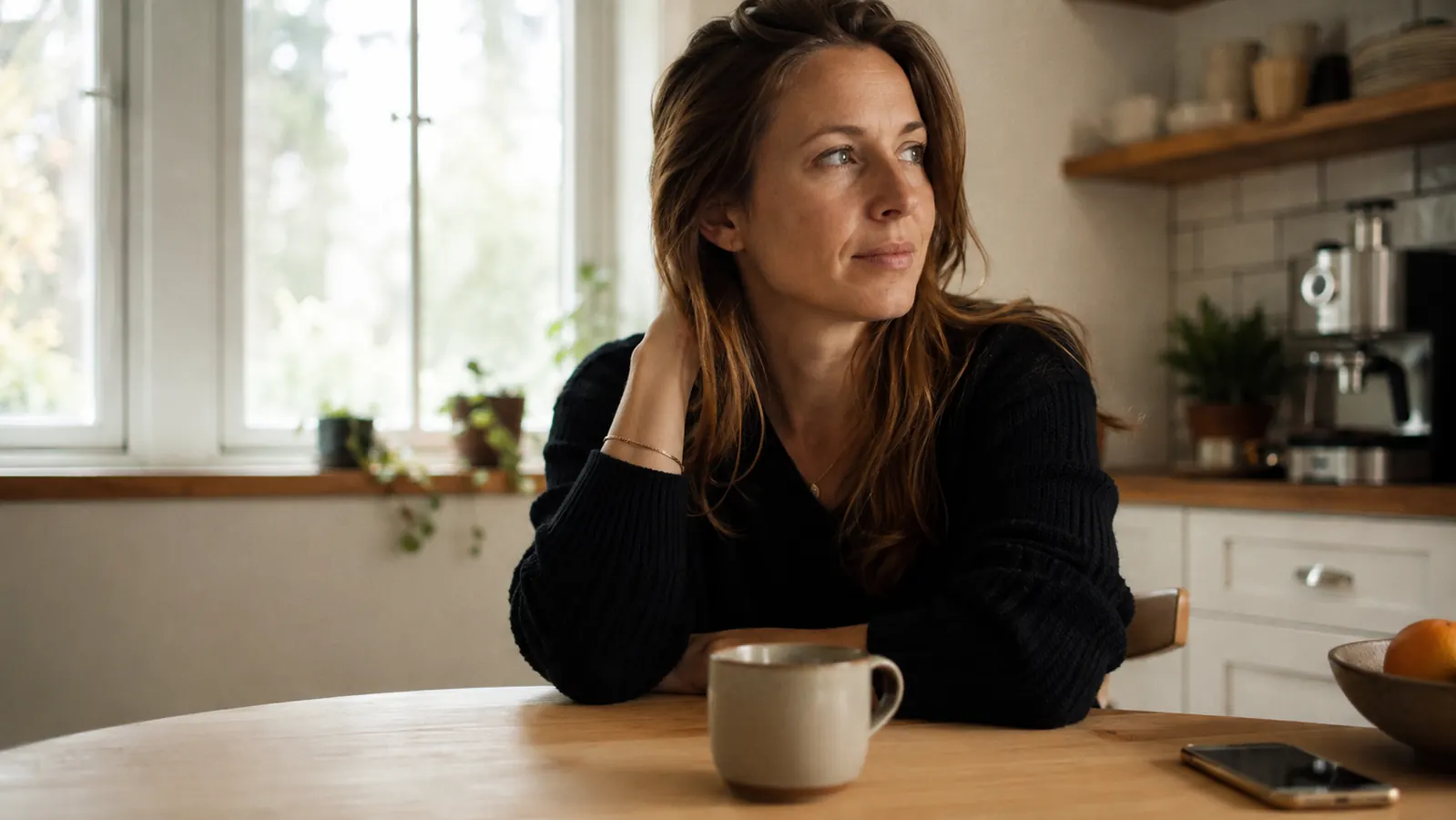 Woman drinking coffee at a kitchen table, looking rested and relaxed