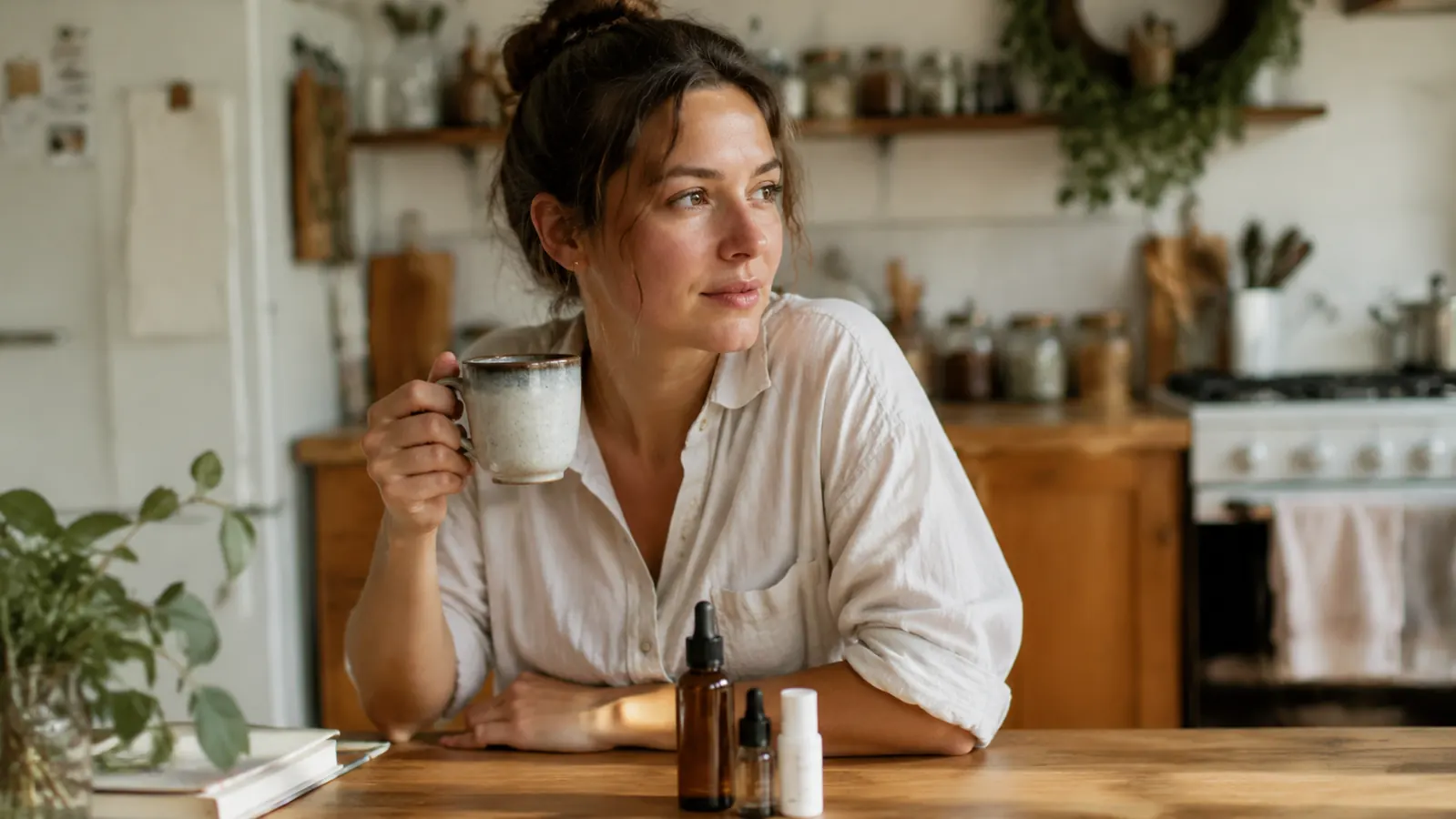 Woman sitting at a kitchen table with a cup of coffee and skincare products in front of her, relaxed and thoughtful