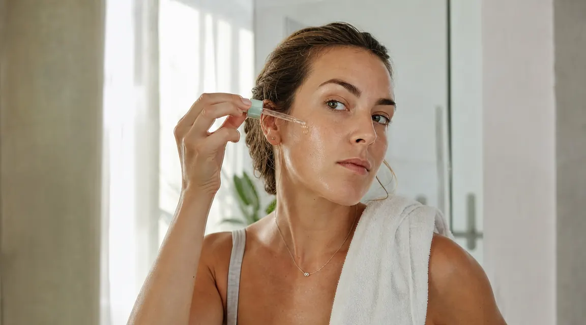 Woman applying serum to cheek with fingertips in front of a bathroom mirror, morning light