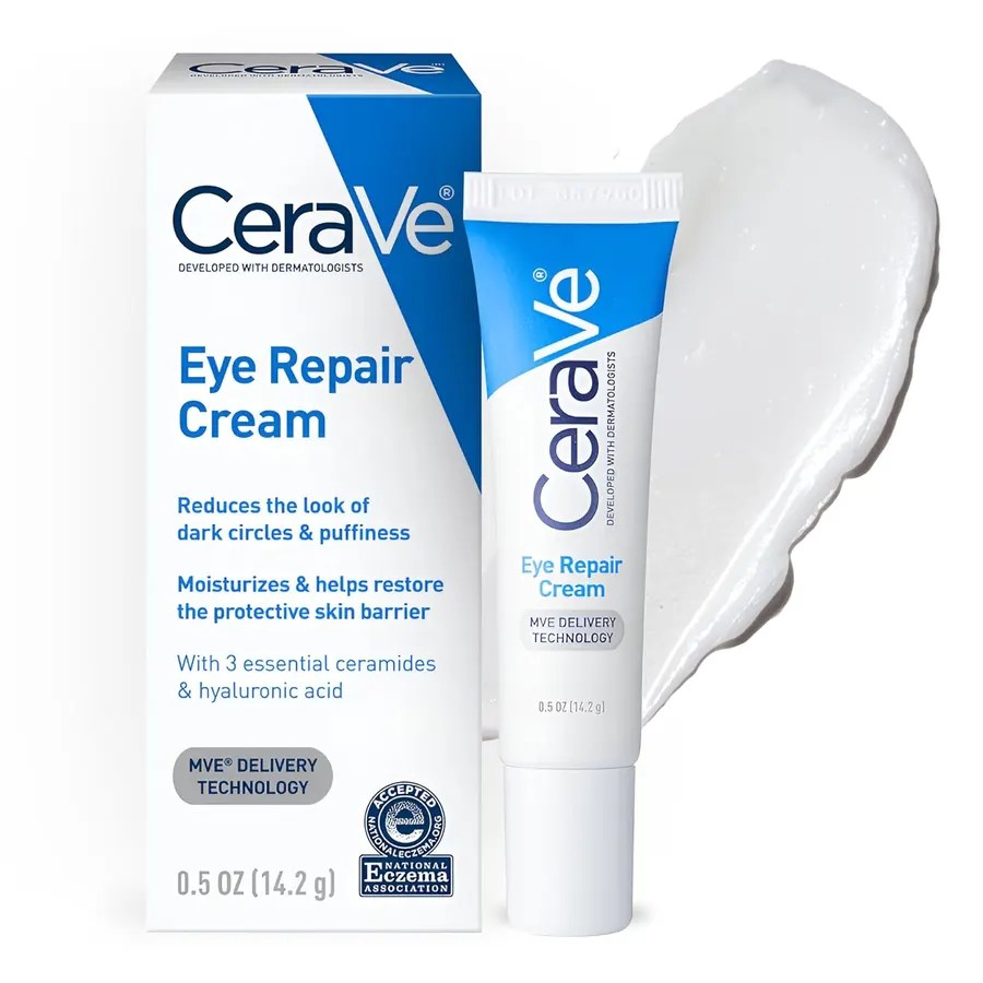 CeraVe Eye Repair Cream tube and jar on a white bathroom shelf with a glass of water