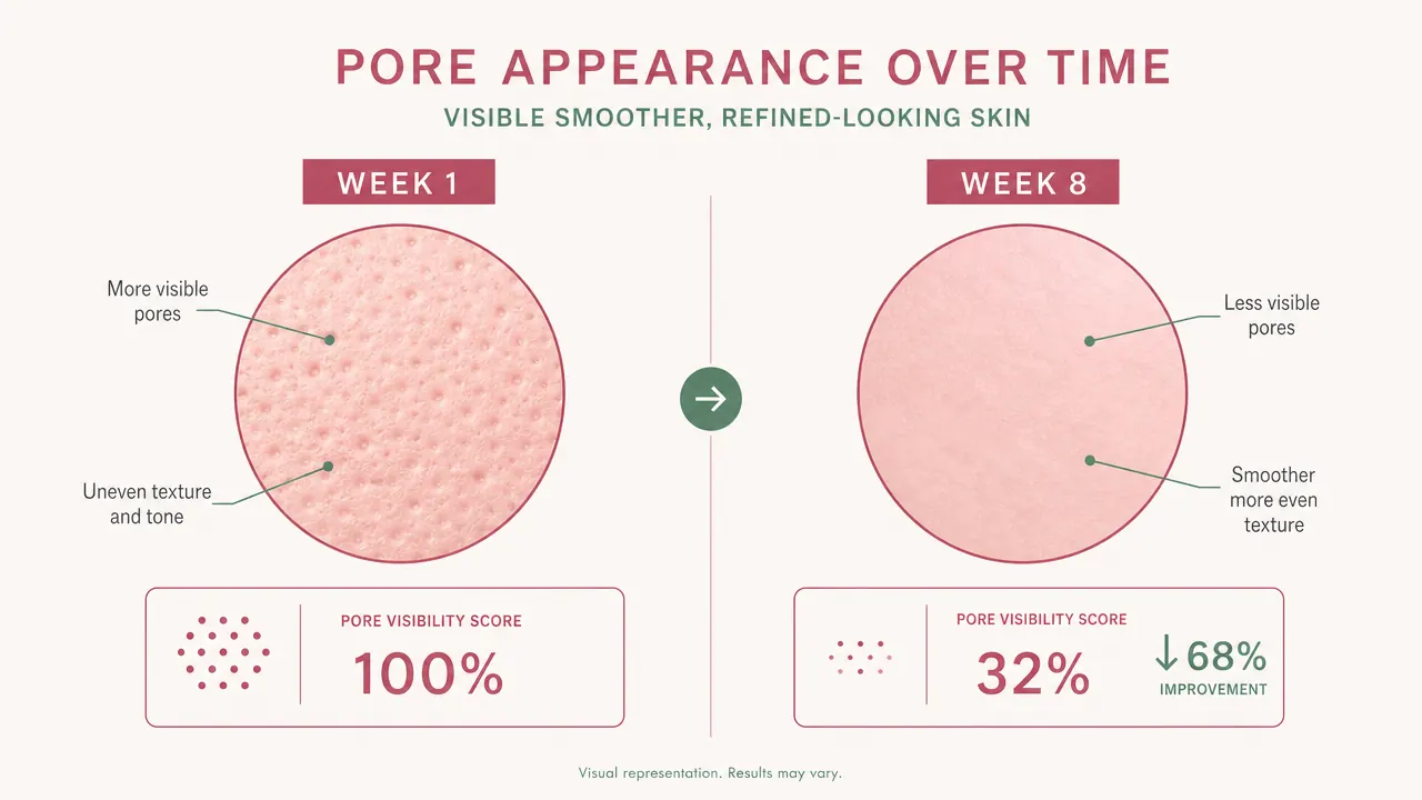 Side-by-side skin texture comparison chart showing pore appearance before and after eight weeks of niacinamide use