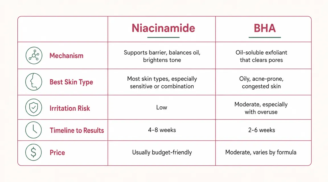 Chart comparing key attributes of niacinamide serum versus BHA exfoliant across five categories
