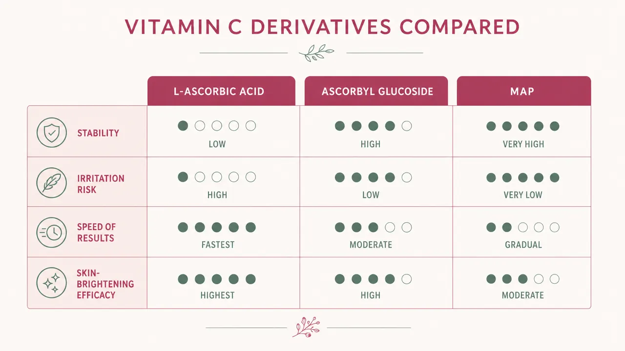 Comparison chart showing stability and potency trade-offs between different vitamin C derivatives: ascorbic acid, ascorbyl glucoside, and MAP