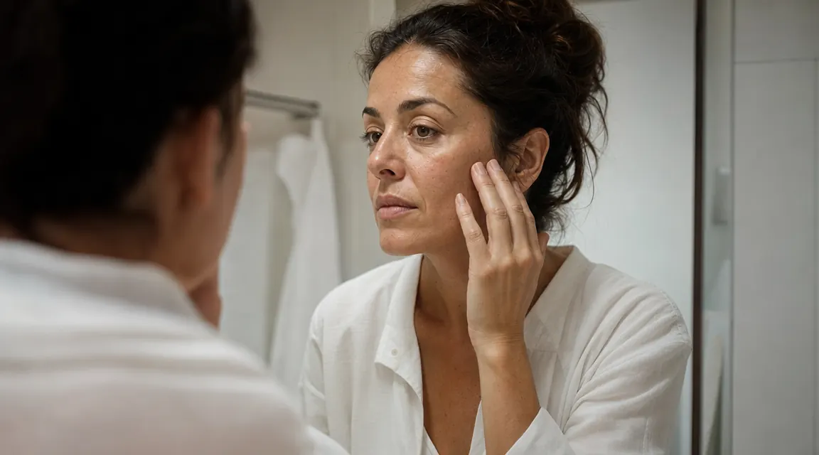Woman with combination skin examining her cheek in a well-lit bathroom mirror during her morning skincare routine